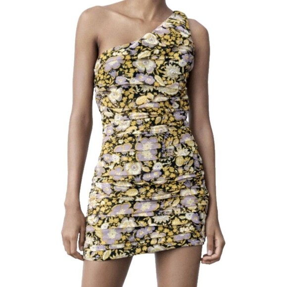 Zara Dresses & Skirts - Zara Women's Sexy Floral One Shoulder Whimsigoth Boho Gathered Mini Dress M